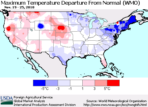 United States Mean Maximum Temperature Departure from Normal (WMO) Thematic Map For 11/19/2018 - 11/25/2018