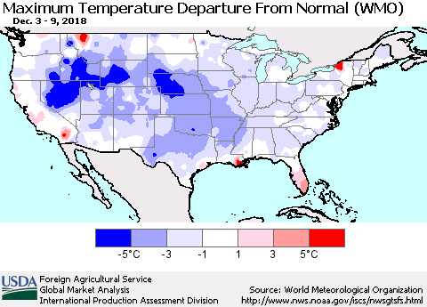 United States Mean Maximum Temperature Departure from Normal (WMO) Thematic Map For 12/3/2018 - 12/9/2018