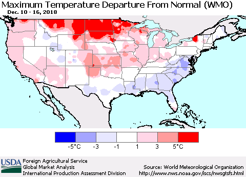 United States Mean Maximum Temperature Departure from Normal (WMO) Thematic Map For 12/10/2018 - 12/16/2018