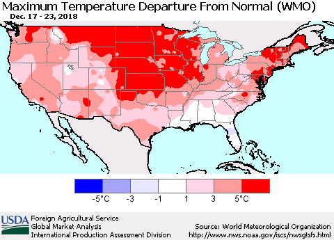 United States Mean Maximum Temperature Departure from Normal (WMO) Thematic Map For 12/17/2018 - 12/23/2018