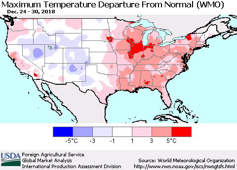 United States Mean Maximum Temperature Departure from Normal (WMO) Thematic Map For 12/24/2018 - 12/30/2018