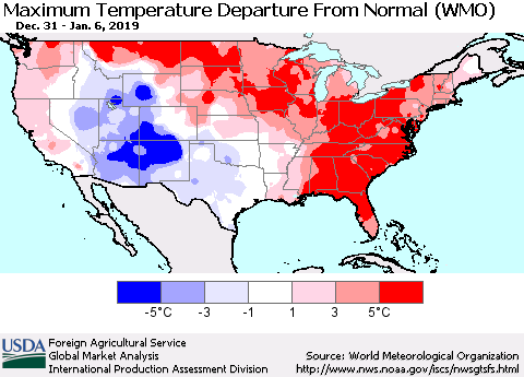 United States Mean Maximum Temperature Departure from Normal (WMO) Thematic Map For 12/31/2018 - 1/6/2019