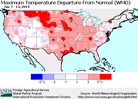 United States Mean Maximum Temperature Departure from Normal (WMO) Thematic Map For 1/7/2019 - 1/13/2019