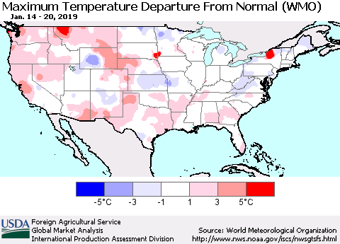 United States Mean Maximum Temperature Departure from Normal (WMO) Thematic Map For 1/14/2019 - 1/20/2019