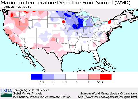 United States Mean Maximum Temperature Departure from Normal (WMO) Thematic Map For 1/21/2019 - 1/27/2019