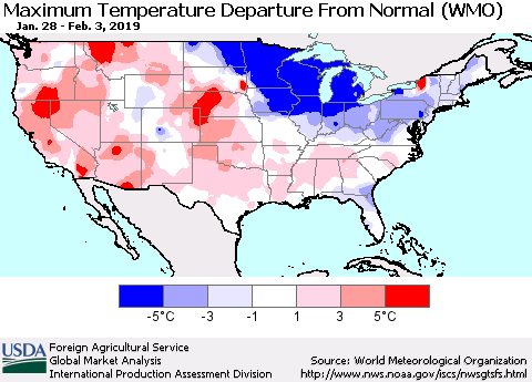 United States Mean Maximum Temperature Departure from Normal (WMO) Thematic Map For 1/28/2019 - 2/3/2019