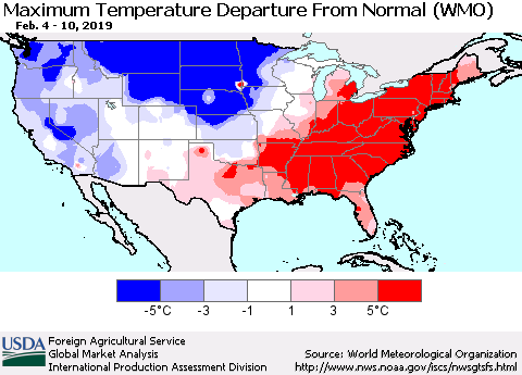United States Mean Maximum Temperature Departure from Normal (WMO) Thematic Map For 2/4/2019 - 2/10/2019