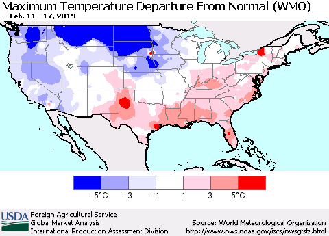 United States Mean Maximum Temperature Departure from Normal (WMO) Thematic Map For 2/11/2019 - 2/17/2019