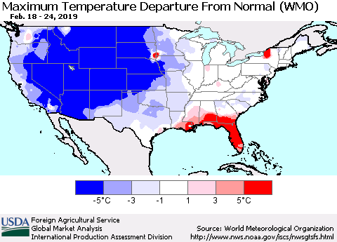 United States Mean Maximum Temperature Departure from Normal (WMO) Thematic Map For 2/18/2019 - 2/24/2019