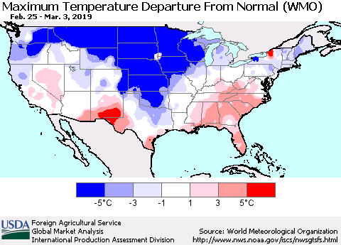 United States Mean Maximum Temperature Departure from Normal (WMO) Thematic Map For 2/25/2019 - 3/3/2019
