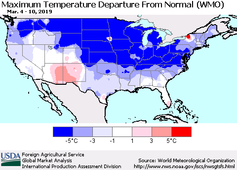 United States Mean Maximum Temperature Departure from Normal (WMO) Thematic Map For 3/4/2019 - 3/10/2019