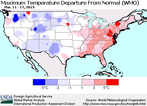 United States Mean Maximum Temperature Departure from Normal (WMO) Thematic Map For 3/11/2019 - 3/17/2019