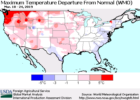 United States Mean Maximum Temperature Departure from Normal (WMO) Thematic Map For 3/18/2019 - 3/24/2019