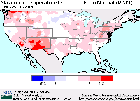 United States Mean Maximum Temperature Departure from Normal (WMO) Thematic Map For 3/25/2019 - 3/31/2019