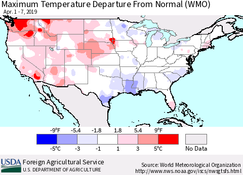 United States Mean Maximum Temperature Departure from Normal (WMO) Thematic Map For 4/1/2019 - 4/7/2019