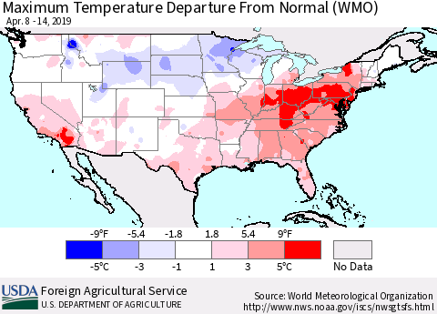 United States Mean Maximum Temperature Departure from Normal (WMO) Thematic Map For 4/8/2019 - 4/14/2019