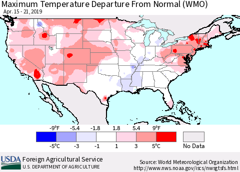 United States Mean Maximum Temperature Departure from Normal (WMO) Thematic Map For 4/15/2019 - 4/21/2019