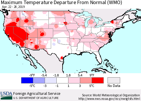 United States Mean Maximum Temperature Departure from Normal (WMO) Thematic Map For 4/22/2019 - 4/28/2019