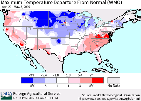 United States Mean Maximum Temperature Departure from Normal (WMO) Thematic Map For 4/29/2019 - 5/5/2019