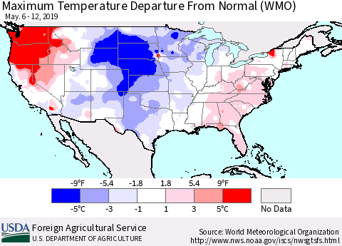 United States Mean Maximum Temperature Departure from Normal (WMO) Thematic Map For 5/6/2019 - 5/12/2019
