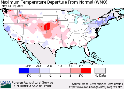 United States Mean Maximum Temperature Departure from Normal (WMO) Thematic Map For 5/13/2019 - 5/19/2019