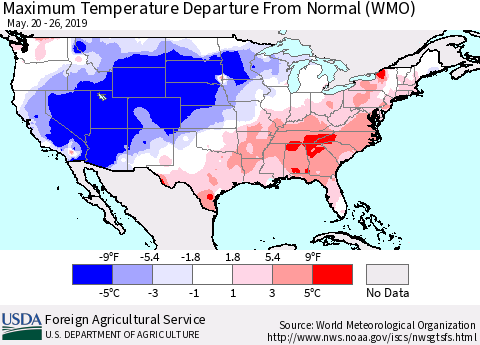 United States Mean Maximum Temperature Departure from Normal (WMO) Thematic Map For 5/20/2019 - 5/26/2019