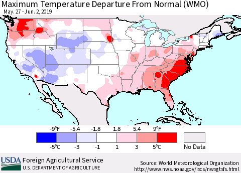 United States Mean Maximum Temperature Departure from Normal (WMO) Thematic Map For 5/27/2019 - 6/2/2019