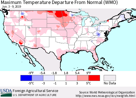 United States Mean Maximum Temperature Departure from Normal (WMO) Thematic Map For 6/3/2019 - 6/9/2019