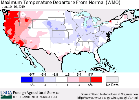United States Mean Maximum Temperature Departure from Normal (WMO) Thematic Map For 6/10/2019 - 6/16/2019