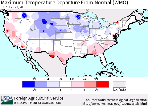 United States Mean Maximum Temperature Departure from Normal (WMO) Thematic Map For 6/17/2019 - 6/23/2019