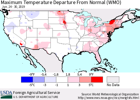 United States Mean Maximum Temperature Departure from Normal (WMO) Thematic Map For 6/24/2019 - 6/30/2019