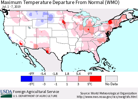 United States Mean Maximum Temperature Departure from Normal (WMO) Thematic Map For 7/1/2019 - 7/7/2019