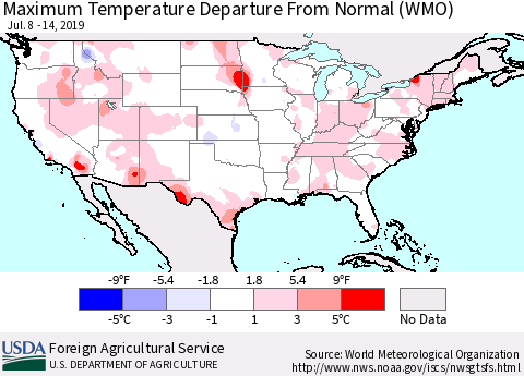 United States Mean Maximum Temperature Departure from Normal (WMO) Thematic Map For 7/8/2019 - 7/14/2019