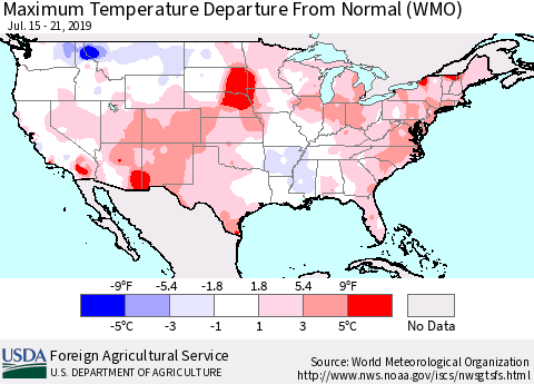 United States Mean Maximum Temperature Departure from Normal (WMO) Thematic Map For 7/15/2019 - 7/21/2019