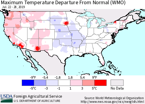 United States Mean Maximum Temperature Departure from Normal (WMO) Thematic Map For 7/22/2019 - 7/28/2019