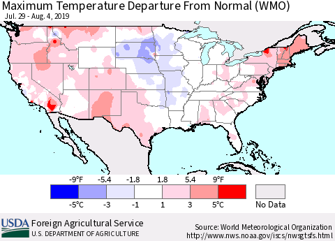 United States Mean Maximum Temperature Departure from Normal (WMO) Thematic Map For 7/29/2019 - 8/4/2019
