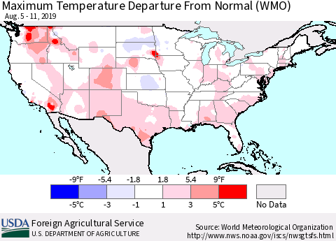 United States Mean Maximum Temperature Departure from Normal (WMO) Thematic Map For 8/5/2019 - 8/11/2019