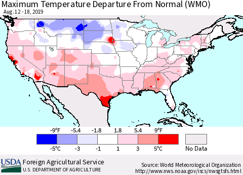 United States Mean Maximum Temperature Departure from Normal (WMO) Thematic Map For 8/12/2019 - 8/18/2019