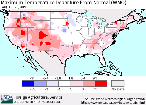 United States Mean Maximum Temperature Departure from Normal (WMO) Thematic Map For 8/19/2019 - 8/25/2019