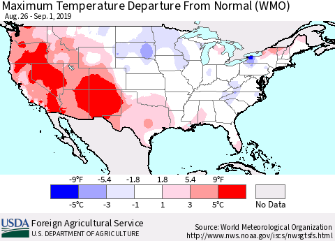 United States Mean Maximum Temperature Departure from Normal (WMO) Thematic Map For 8/26/2019 - 9/1/2019