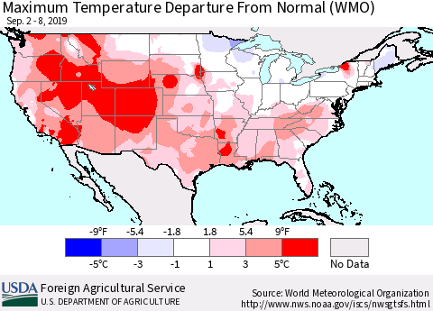 United States Maximum Temperature Departure From Normal (WMO) Thematic Map For 9/2/2019 - 9/8/2019