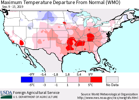 United States Mean Maximum Temperature Departure from Normal (WMO) Thematic Map For 9/9/2019 - 9/15/2019