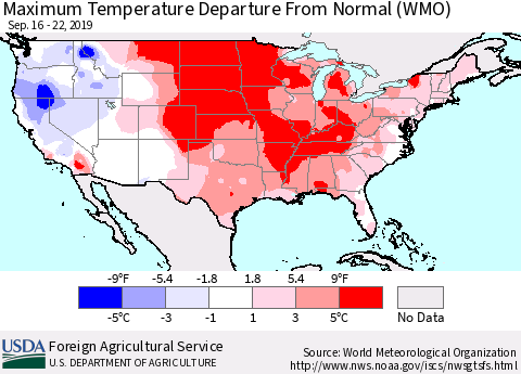 United States Maximum Temperature Departure From Normal (WMO) Thematic Map For 9/16/2019 - 9/22/2019