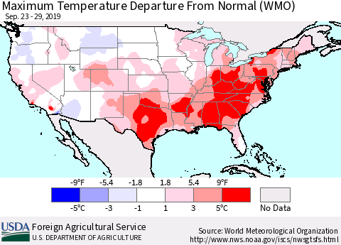 United States Mean Maximum Temperature Departure from Normal (WMO) Thematic Map For 9/23/2019 - 9/29/2019