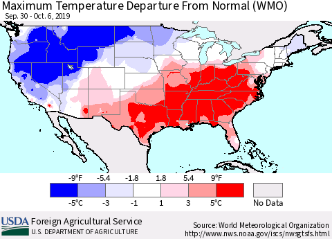 United States Maximum Temperature Departure From Normal (WMO) Thematic Map For 9/30/2019 - 10/6/2019