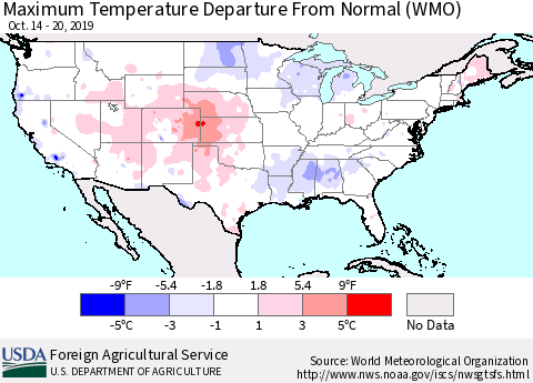 United States Mean Maximum Temperature Departure from Normal (WMO) Thematic Map For 10/14/2019 - 10/20/2019