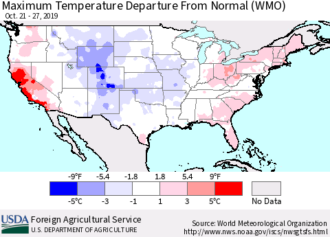 United States Mean Maximum Temperature Departure from Normal (WMO) Thematic Map For 10/21/2019 - 10/27/2019