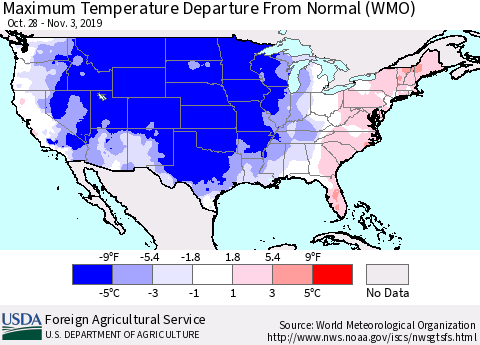 United States Maximum Temperature Departure From Normal (WMO) Thematic Map For 10/28/2019 - 11/3/2019