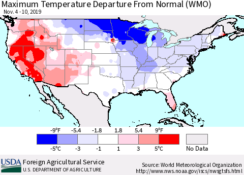 United States Mean Maximum Temperature Departure from Normal (WMO) Thematic Map For 11/4/2019 - 11/10/2019