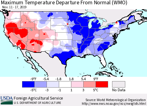 United States Mean Maximum Temperature Departure from Normal (WMO) Thematic Map For 11/11/2019 - 11/17/2019